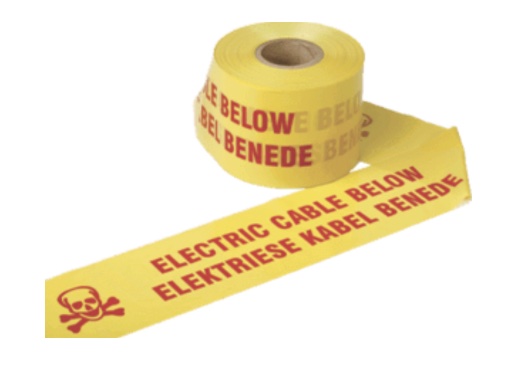 A roll of bright yellow heavy-duty plastic warning tape with bold black text reading 'CAUTION: BURIED ELECTRIC LINE BELOW.' The tape is unrolled slightly to show the repeated warning message
