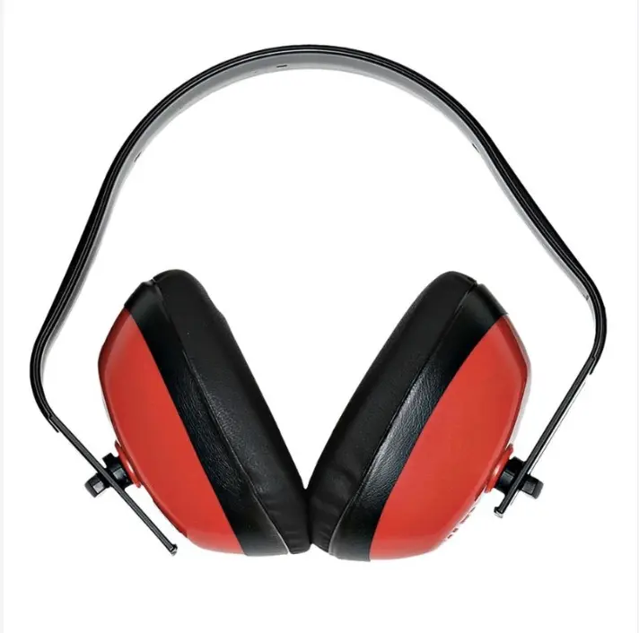 A pair of red and black industrial-grade safety earmuffs with a thin black adjustable headband, shown against a white background