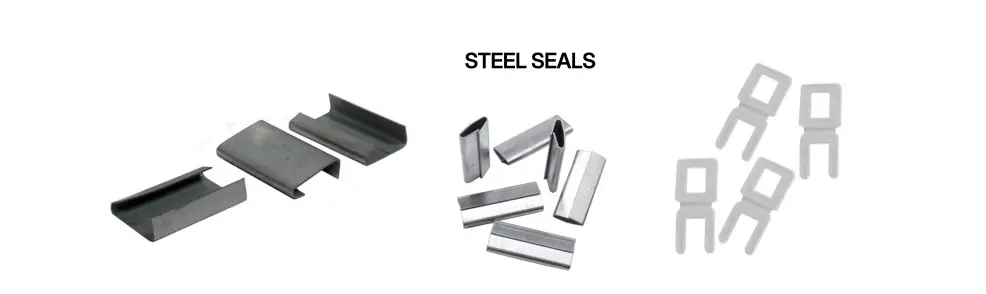 A pile of silver galvanised metal strapping seals and Poly buckles for industrial packaging, showing the open-sleeve design used for securing heavy-duty banding