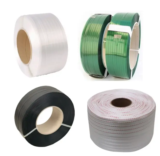 A close-up of a textured, matte-finish black white Green nylon strapping cinched tightly around a heavy wooden crate. The strap is secured with a metal seal, showing the slight indentation in the wood that demonstrates high tension and the material's elastic grip