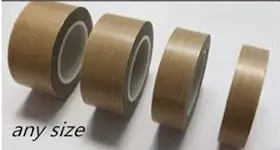 A roll of professional-grade brown PTFE Teflon heat sealing tape with a yellow peel-off adhesive liner, showing the woven fiberglass texture used for industrial packaging machines