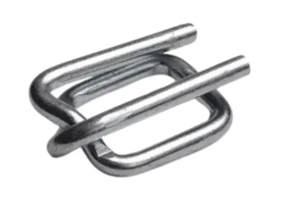 Close-up of a heavy-duty galvanised steel wire buckle for polyester strapping and WEb Strapping showing its interlocking double-loop design