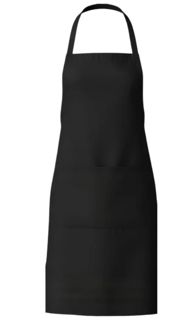A charcoal grey, full-length cotton bib apron with adjustable neck straps and two large front pockets, displayed against a clean white background