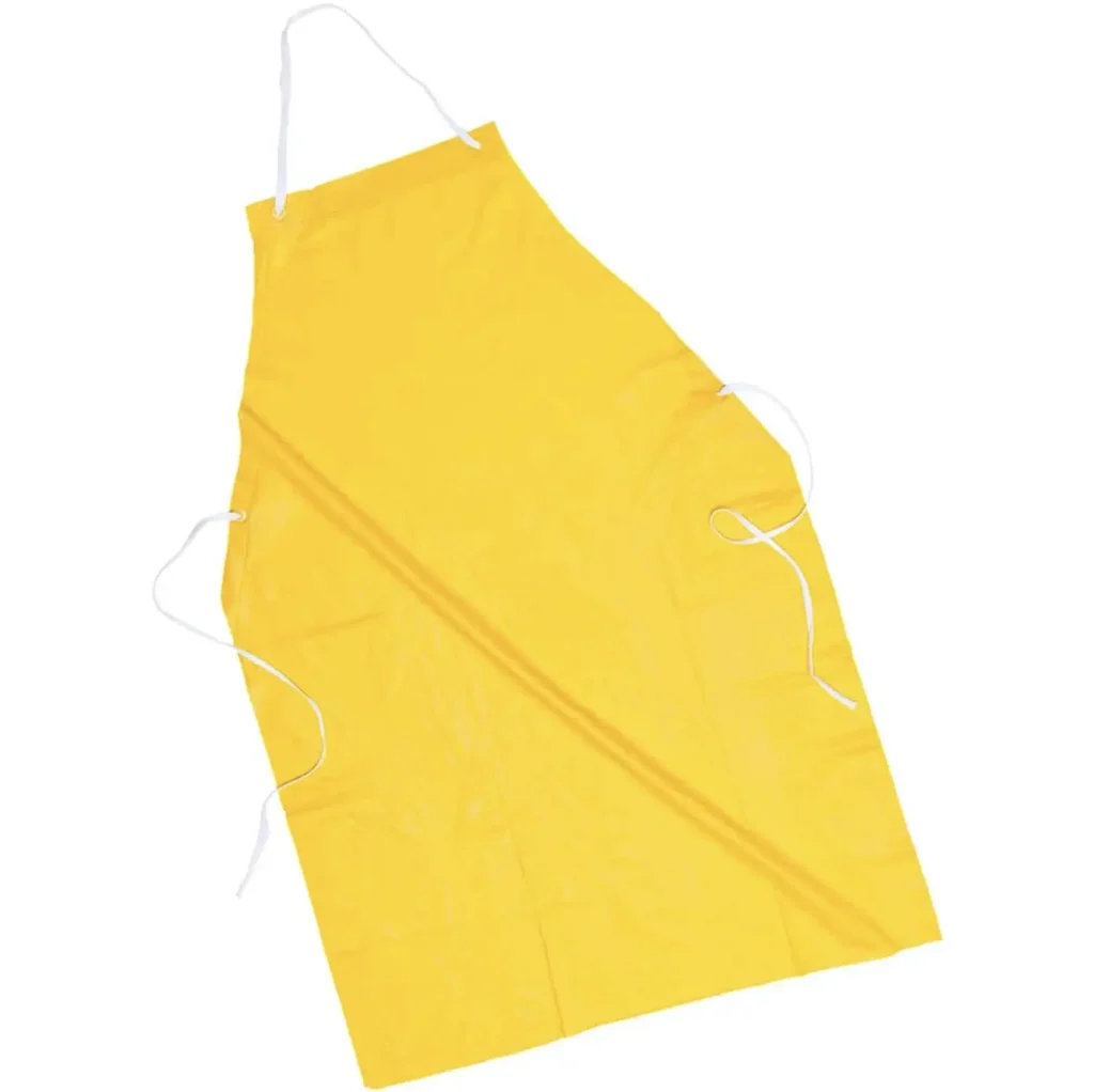 A full-length, heavy-duty black PVC apron featuring a glossy, waterproof finish. The apron is shown hanging vertically, displaying a bib-style top, adjustable neck strap, and long waist ties. The material looks thick and durable with heat-sealed edges
