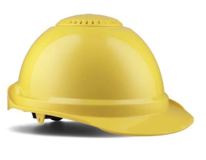 Durable ABS hard hat with reinforced ribs for superior impact protection. Features one-hand adjustable vents, 4-point ratchet lining, integrated slots for earmuffs or visors, contoured rain channel, high-visibility rear insert, breathable sweatband, and anti-glare peak. ARC rated and electrically insulated (18 cal/cm², 1000V). Ideal for construction and industrial work