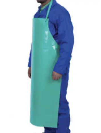A heavy-duty green PVC chemical apron with reinforced black neck and waist straps, shown laid flat