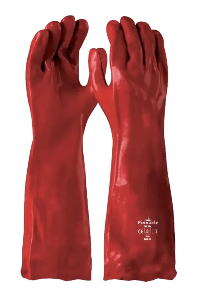 Pinnacle PVC Red Glove Open Cuff 40cm Cotton Interlocking Liner & Open Cuff Full Red PVC Coating Resistant to Acid, Oils & Petroleum Abrasion Resistance EN388 3131 Length: 40cm
